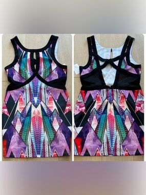 Wow Couture Bodycon Dress L Geometric Print Cutout Back Club Party Mini BNWT